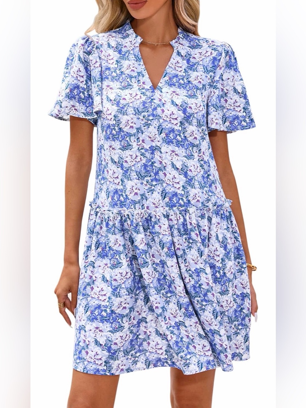 BTFBM Floral V-Neck Short Sleeve A-Line Tiered Ruffle Boho Mini XL Dress NWT